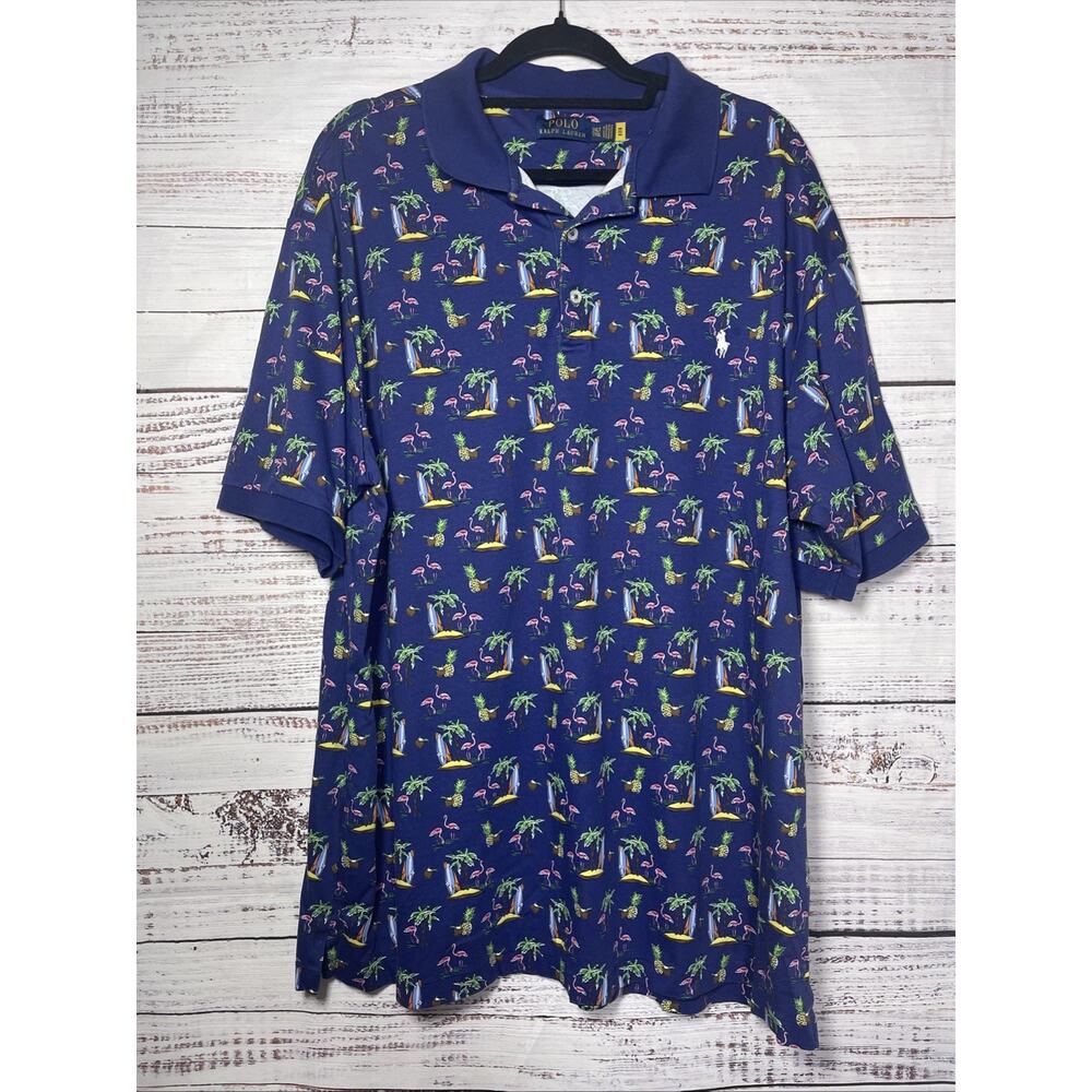 Polo Ralph Lauren Knit Polo Shirt Men 2XLT Blue Short Sleeve Geometric Flamingos